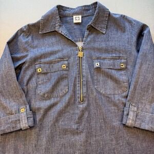 Anne Klein Denim/Chambray 1/2 Zip Shirt Pockets Size 1x 3/4‎ Sleeve Gold Accents